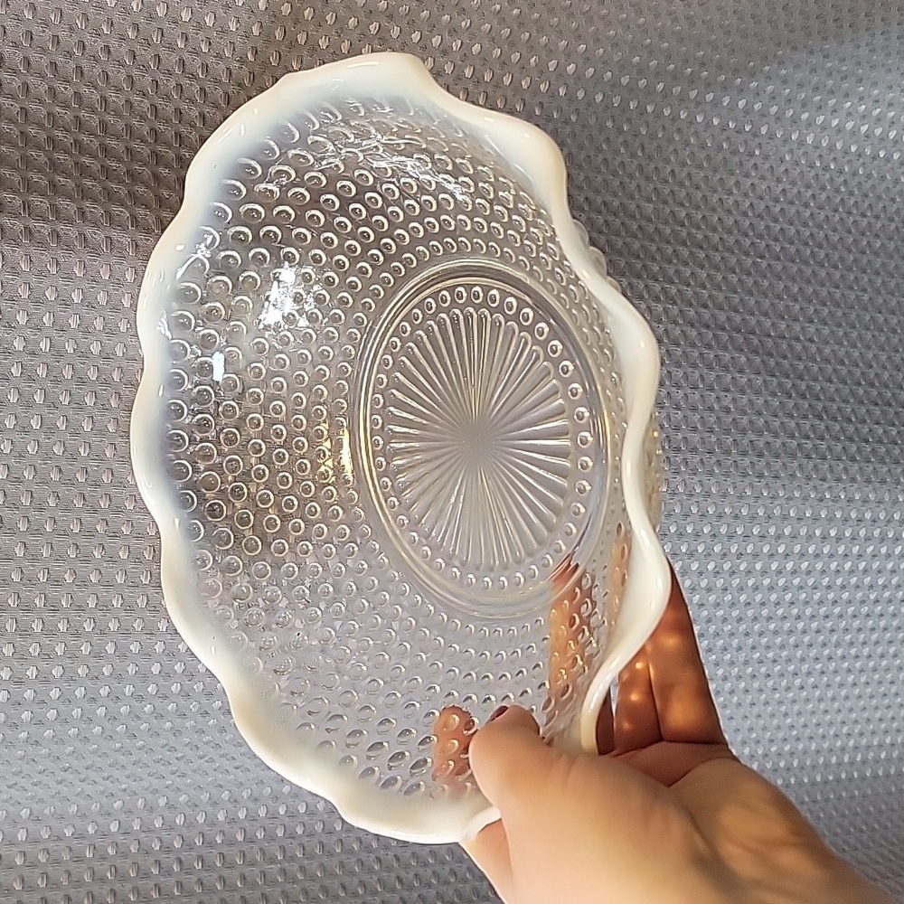 Vintage Fenton Anchor Hocking Hobnail Serving Dish Opalescence Moonstone